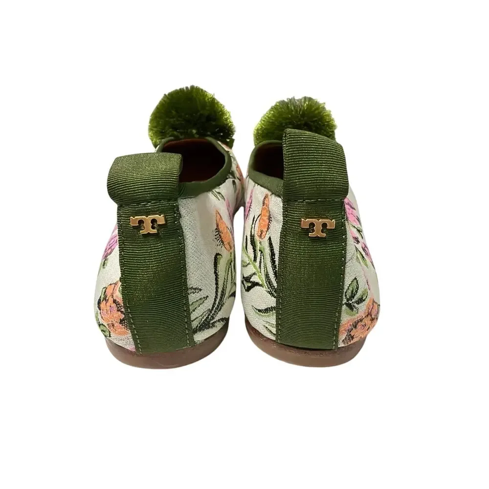 Tory Burch Floral Pom Pom Ballet Flats Size 6M NWOT Canvas Leather Slip On